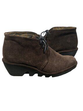 Fly London Brown Suede Lace-Up Ankle Boots Wedge Heel Size 36 comfortable Classi